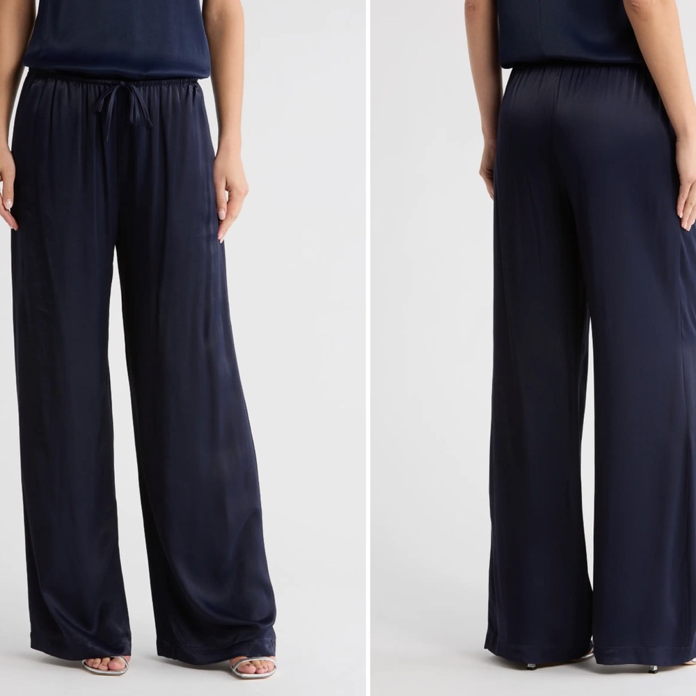 Adrianna Papell Satin Wide Leg Drawstring Women's Pants Navy 2X NWOT